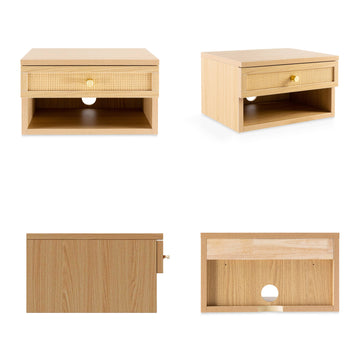 Celerie 15.71" Mid-Century Modern Floating Wall Mounted Nightstand with Soft-Close Rattan Drawer and Cable Hole